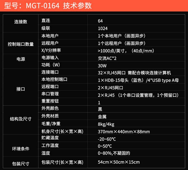 MGT-0164 麥森特1遠程1本地64口數(shù)字矩陣式KVM規(guī)格參數(shù)